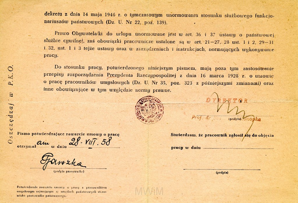 KKE 5841a.jpg - Dok. Umowa o pracę wystawiona przez Główna Biblioteke Lekarską dla teresy Graszko, Warszawa, 26 VIII 1958 r.